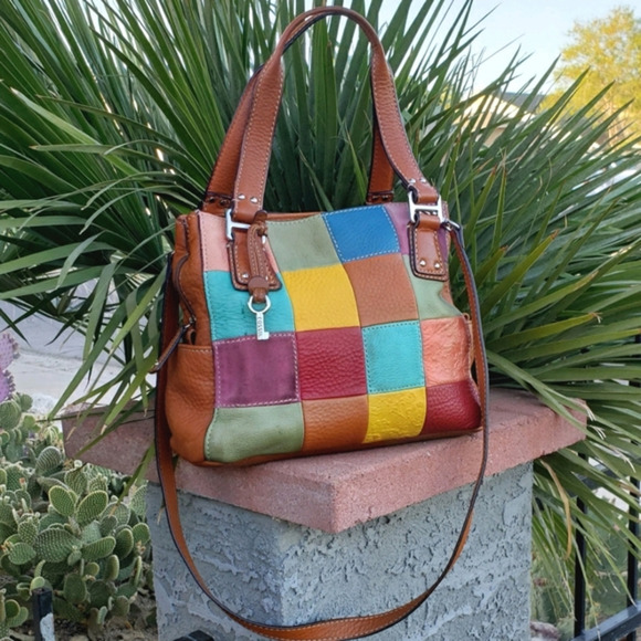 Vintage Fossil Patchwork Crossbody‎ Leather Bag - Picture 1 of 9